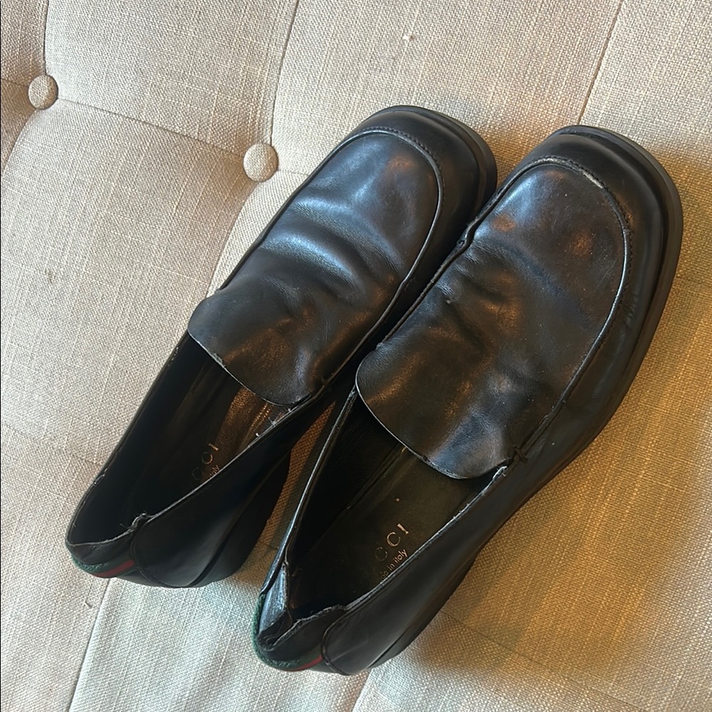 GUCCI Black Leather Signature Stripe Slip On Loafer Dress Shoes Size 9.5 D - Picture 7 of 10